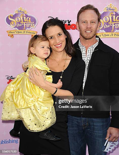 Actor Ian Ziering wife Erin Ludwig and daughter Mia Loren Ziering attend the premiere of "Sofia The First: Once Upon a Princess" at Walt Disney...