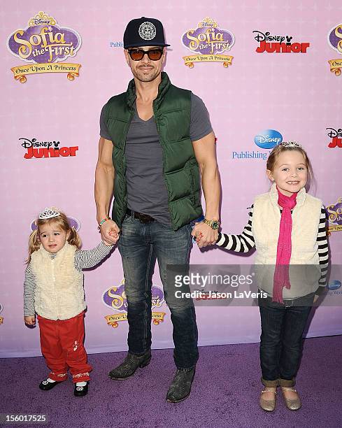 Actor Joey Lawrence and daughters Liberty Grace Lawrence and Charleston Lawrence attend the premiere of "Sofia The First: Once Upon a Princess" at...