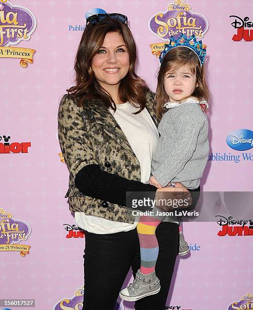 Actress Tiffani Thiessen and daughter Harper Renn Smith attend the premiere of "Sofia The First: Once Upon a Princess" at Walt Disney Studios on...