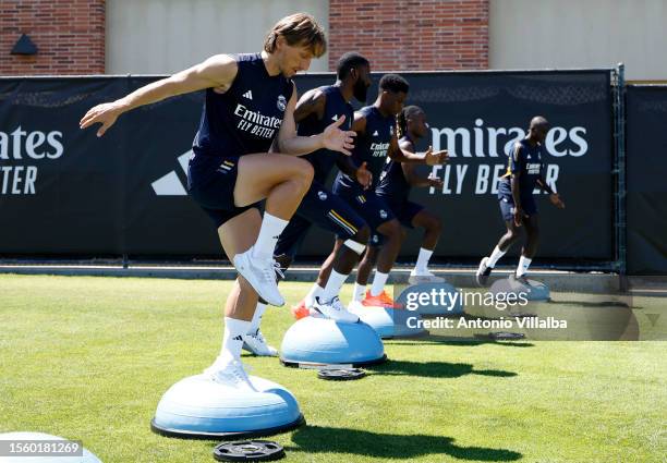 Luka Modric, player of Real Madrid, is training with his teammates on July 20, 2023 in Los Angeles, California.