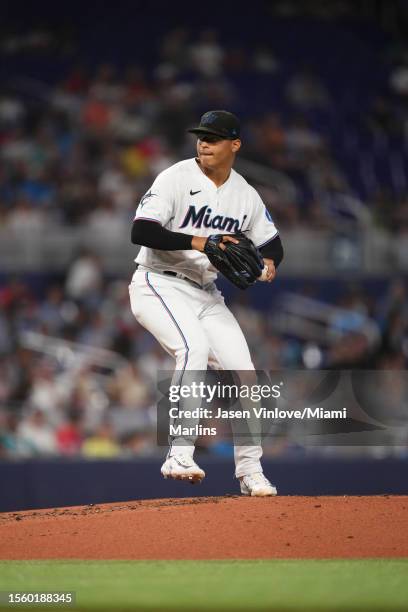 Jesús Luzardo of the Miami Marlins delivers a pitch in the game against the Colorado Rockies at loanDepot park on July 23, 2023 in Miami, Florida.