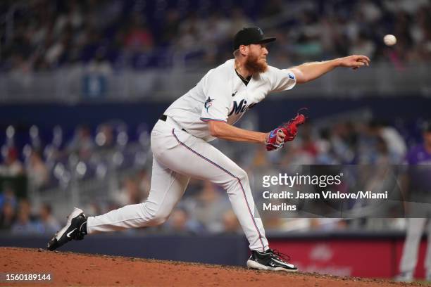Puk of the Miami Marlins delivers a pitch in the game against the Colorado Rockies at loanDepot park on July 23, 2023 in Miami, Florida.
