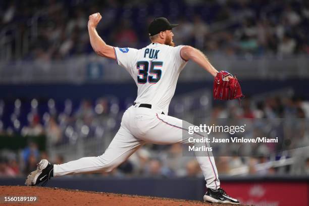 Puk of the Miami Marlins delivers a pitch in the game against the Colorado Rockies at loanDepot park on July 23, 2023 in Miami, Florida.