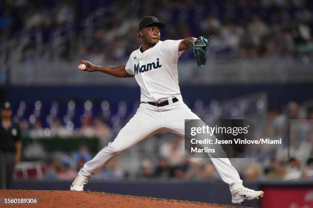 Huascar Brazoban of the Miami Marlins delivers a pitch in the game against the Colorado Rockies at loanDepot park on July 23, 2023 in Miami, Florida.