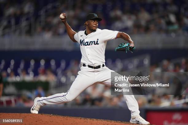 Huascar Brazoban of the Miami Marlins delivers a pitch in the game against the Colorado Rockies at loanDepot park on July 23, 2023 in Miami, Florida.