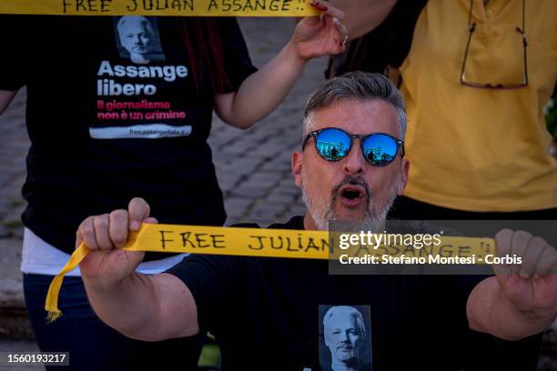 Demonstration, on Capitol Hill, by Free Assange Italia activists for the release and against the extradition of Julian Assange on July 28, 2023 in...