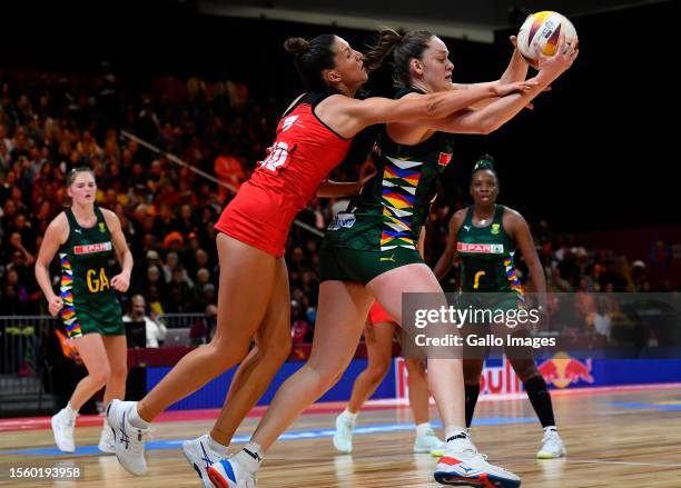 Ella Powell-Davies of Wales and Ine-Mari Venter of South Africa during the Netball World Cup 2023, Pool C match between South Africa and Wales at...