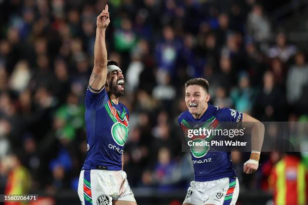 Shaun Johnson of the Warriors celebrates his drop goal in golden point extra time to win the match during the round 21 NRL match between the Warriors...