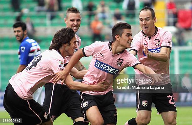 Paulo Dybala of Palermo celebrates after scoring his team's opening goal during the Serie A match between US Citta di Palermo and UC Sampdoria at...