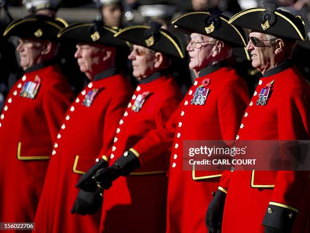 Chelsea Pensioners march past the Cenotaph during Remembrance Sunday service in Whitehall, Central London, on November 11, 2012. Services are held...