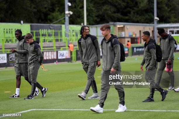 West Bromwich Albion players inspect the pitch ahead of a pre season friendly against Forest Green Rovers at The New Lawn on July 28, 2023 in...
