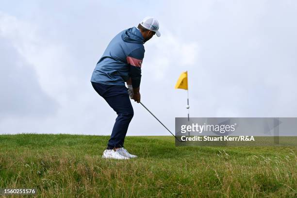 Romain Langasque of France plays his shot on the 12th hole during Day Two of The 151st Open at Royal Liverpool Golf Club on July 21, 2023 in Hoylake,...