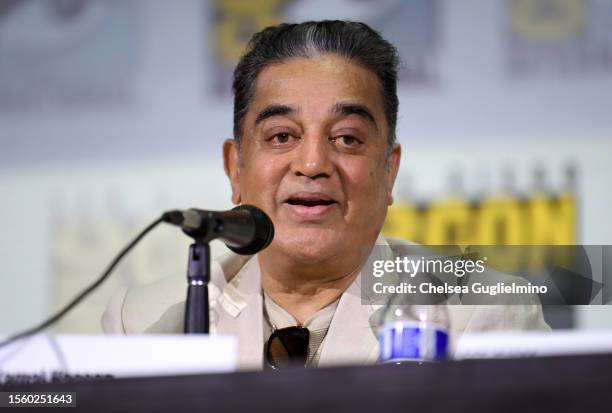 Kamal Haasan speaks at the "Project K" Inside India's History-Making Sci-Fi Epic panel during 2023 Comic-Con International: San Diego at San Diego...