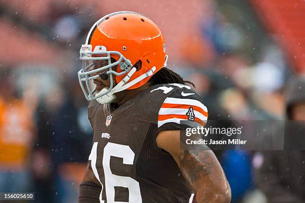 Wide receiver Josh Cribbs of the Cleveland Browns on the field prior to the game against the San Diego Chargers at Cleveland Browns Stadium on...