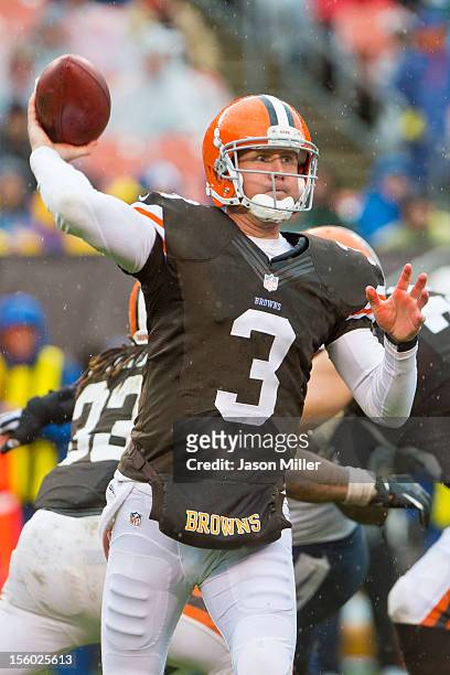 Quarterback Brandon Weeden of the Cleveland Browns passes against the San Diego Chargers during the second half at Cleveland Browns Stadium on...