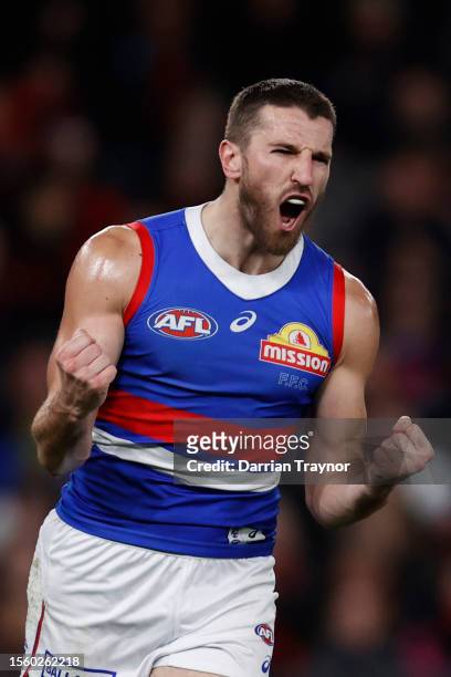 Marcus Bontempelli of the Bulldogs celebrates a goal during the round 19 AFL match between Essendon Bombers and Western Bulldogs at Marvel Stadium,...