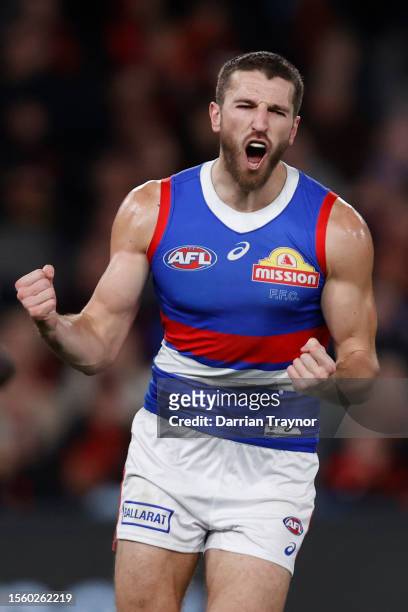 Marcus Bontempelli of the Bulldogs celebrates a goal during the round 19 AFL match between Essendon Bombers and Western Bulldogs at Marvel Stadium,...