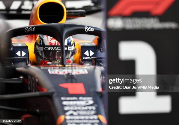 Max Verstappen of the Netherlands parks the Oracle Red Bull Racing RB19 in parc ferme after qualifying ahead of the F1 Grand Prix of Belgium at...