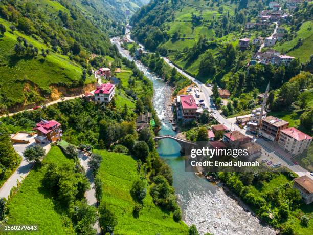 aerial view of ottoman stone bridge in senyuve village, rize, turkey - trabzon stock pictures, royalty-free photos & images