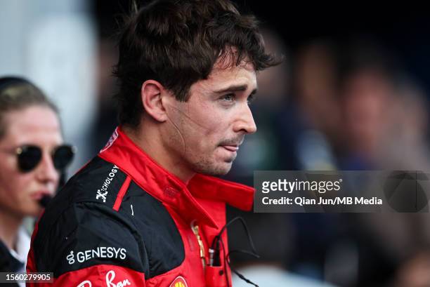 Charles Leclerc of Monaco and Scuderia Ferrari in parc ferme after qualifying ahead of the F1 Grand Prix of Belgium at Circuit de Spa-Francorchamps...