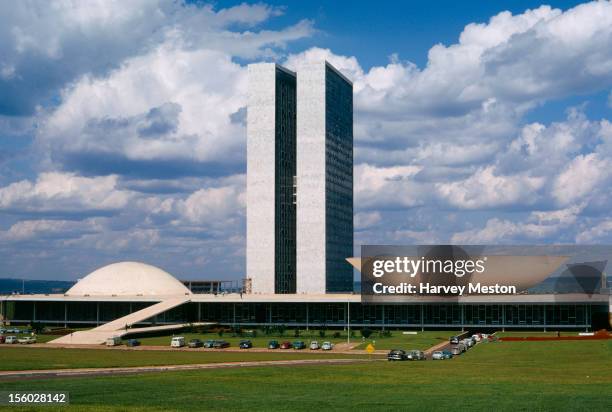 The Congresso Nacional or Palacio Nereu Ramos, the Brazilian Parliament, designed by Brazilian architect Oscar Niemeyer in Brasilia, Brazil, circa...