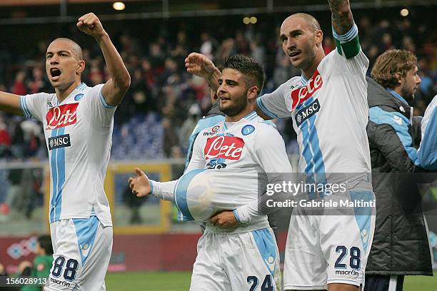 Lorenzo Insigne and Gokhan Inler and Paolo Cananvaro of SSC Napoli celebrates the victory after during the Serie A match between Genoa CFC and SSC...