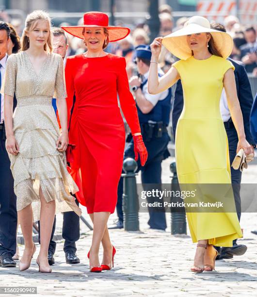 Princess Eleonore of Belgium, Queen Mathilde of Belgium and Princess Elisabeth of Belgium attend the Te Deum mass in the Cathedral on July 21, 2023...