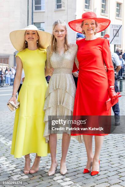 Princess Elisabeth of Belgium, Princess Eleonore of Belgium and Queen Mathilde of Belgium attend the Te Deum mass in the Cathedral on July 21, 2023...