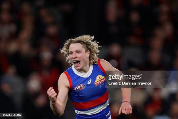 Cody Weightman of the Bulldogs celebrates a goal during the round 19 AFL match between Essendon Bombers and Western Bulldogs at Marvel Stadium, on...