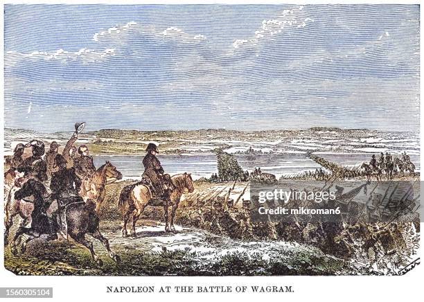 old engraving illustration of napoleon bonaparte at the battle of wagram, 6 july 1809 - battlefield stock pictures, royalty-free photos & images