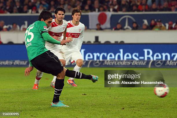 Mohammed Abdellaoue of Hannover scores the 4th team goal with a penalty kick during the Bundesliga match between VfB Stuttgart and Hannover 96 at...