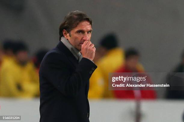 Bruno Labbadia, head coach of Stuttgart looks dejected during the Bundesliga match between VfB Stuttgart and Hannover 96 at Mercedes-Benz Arena on...