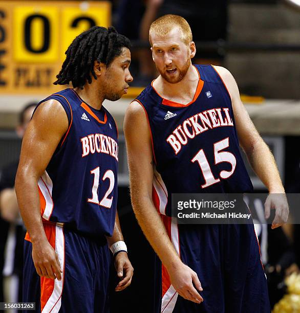 Bryson Johnson of the Bucknell Bison and Joe Willman of the Bucknell Bison share a word during a stoppage in action against the Purdue Boilermakers...