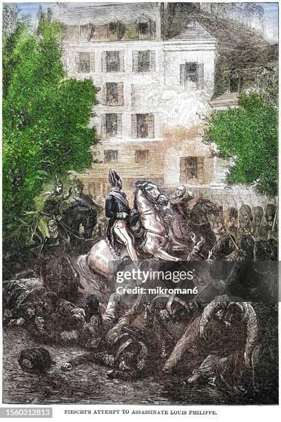 old engraved illustration of the assassination attempt on king louis philippe i of france, boulevard du temple, paris, france in 1835 - du stock pictures, royalty-free photos & images