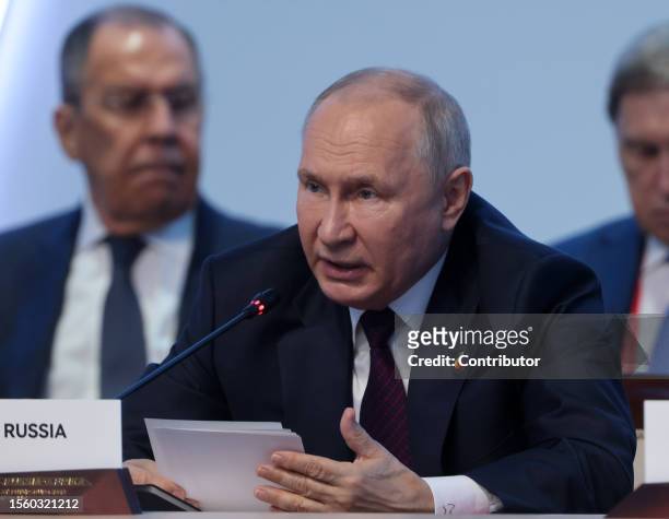 Russian President Vladimir Putin speeches during the plenary of the Second Summit Economic And Humanitarian Forum Russia Africa, on July 28 in Saint...