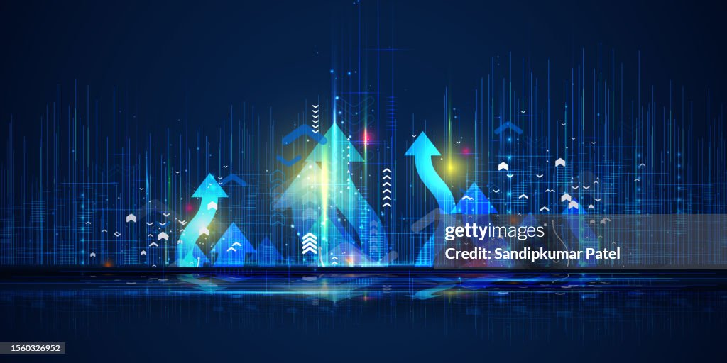 Light arrow up on grid dark background illustration, copy space composition, digital growth concept.