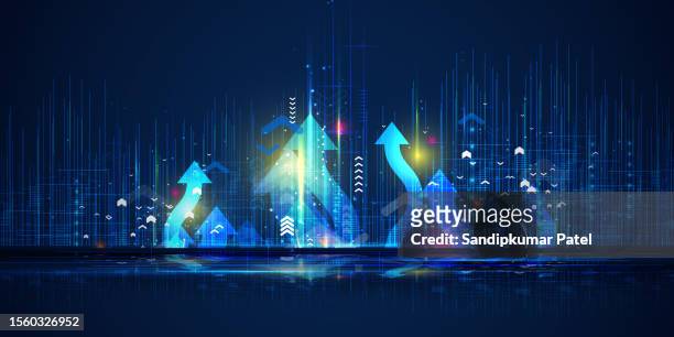 light arrow up on grid dark background illustration, copy space composition, digital growth concept. - business stock illustrations