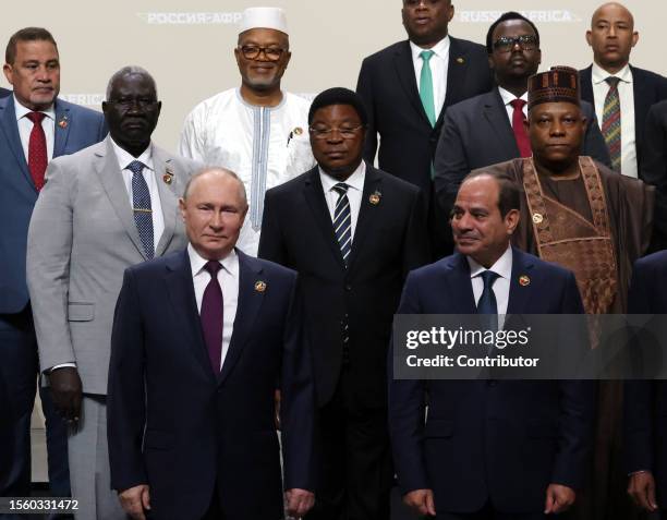 Russian President Vladimir Putin , Egyptian President Abdel Fattah el-Sisi and other leaders pose for a group photo at the Second Summit Economic And...