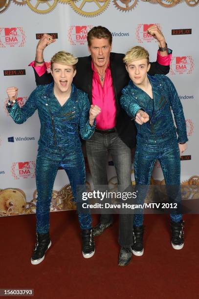 David Hasselhoff and Jedward attend the MTV EMA's 2012 at Festhalle Frankfurt on November 11, 2012 in Frankfurt am Main, Germany.