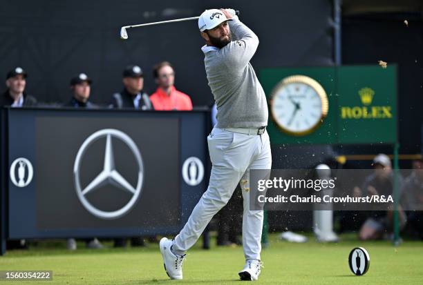 Jon Rahm of Spain tees off on the 3rd hole during Day Two of The 151st Open at Royal Liverpool Golf Club on July 21, 2023 in Hoylake, England.