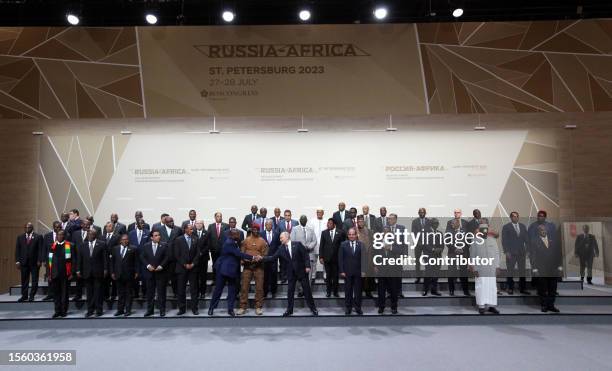 Russian President Vladimir Putin with African leaders poses for a photo during the Second Summit Economic And Humanitarian Forum Russia Africa, on...