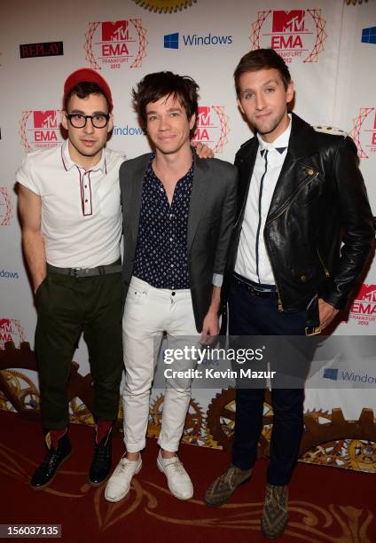 Jack Antonoff, Nate Ruess and Andrew Dost of Fun attend the MTV EMA's 2012 at Festhalle Frankfurt on November 11, 2012 in Frankfurt am Main, Germany.