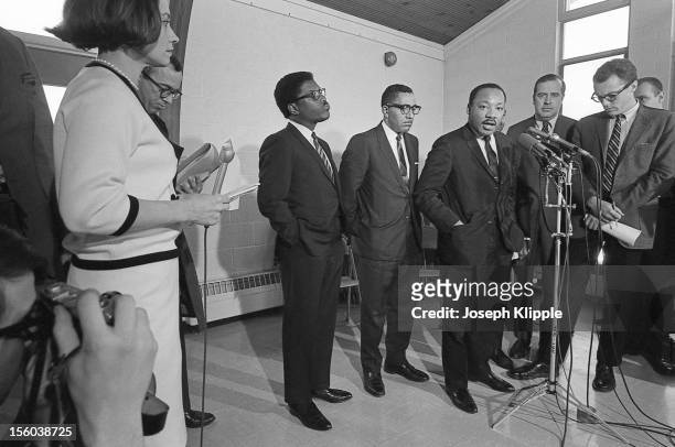 American Civil Rights leader Dr. Martin Luther King Jr speaks to journalists at a press conference held at the New York Avenue Presbyterian Church,...