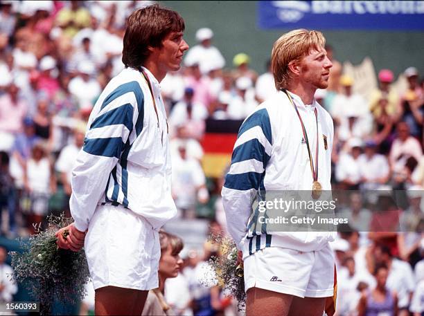 Barcelona Olympics. Boris Becker and Michael Stich of Germany win mens doubles. Mandatory Credit: Allsport/ALLSPORT