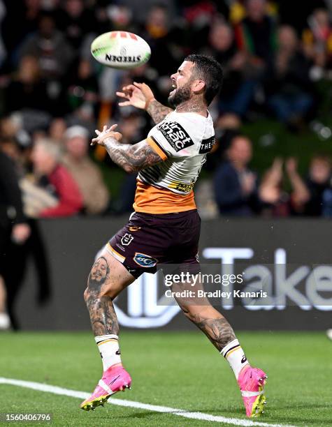 Adam Reynolds of the Broncos celebrates after scoring a try during the round 21 NRL match between South Sydney Rabbitohs and Brisbane Broncos at...