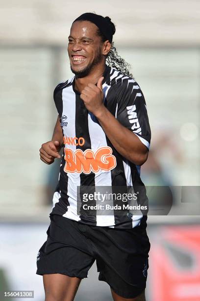 Ronaldinho of Atletico MG celebrates a scored goal against Vasco Da Gama during a match between Vasco Da Gama and Atletico MG as part of the...