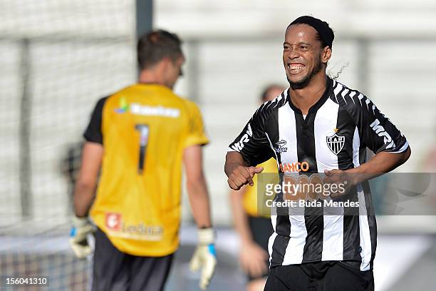 Ronaldinho of Atletico MG celebrates a scored goal against Vasco Da Gama during a match between Vasco Da Gama and Atletico MG as part of the...