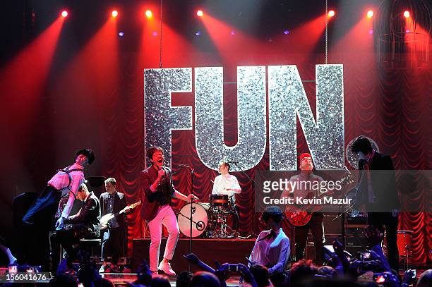 Nate Ruess, Andrew Dost and Jack Antonoff of Fun perform onstage during the MTV EMA's 2012 at Festhalle Frankfurt on November 11, 2012 in Frankfurt...