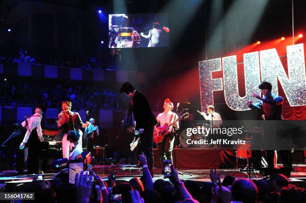 Nate Ruess, Andrew Dost and Jack Antonoff of Fun perform onstage during the MTV EMA's 2012 at Festhalle Frankfurt on November 11, 2012 in Frankfurt...