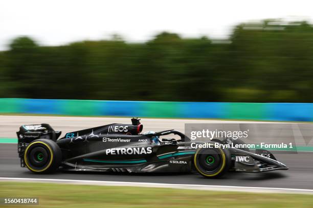 George Russell of Great Britain driving the Mercedes AMG Petronas F1 Team W14 on track during practice ahead of the F1 Grand Prix of Hungary at...